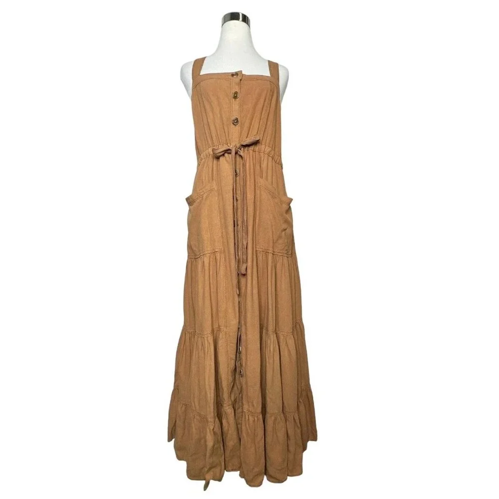 NWT Free People Catch The Breeze Midi Dress sz M medium Linen Amber Waves Tiered - Picture 2 of 14